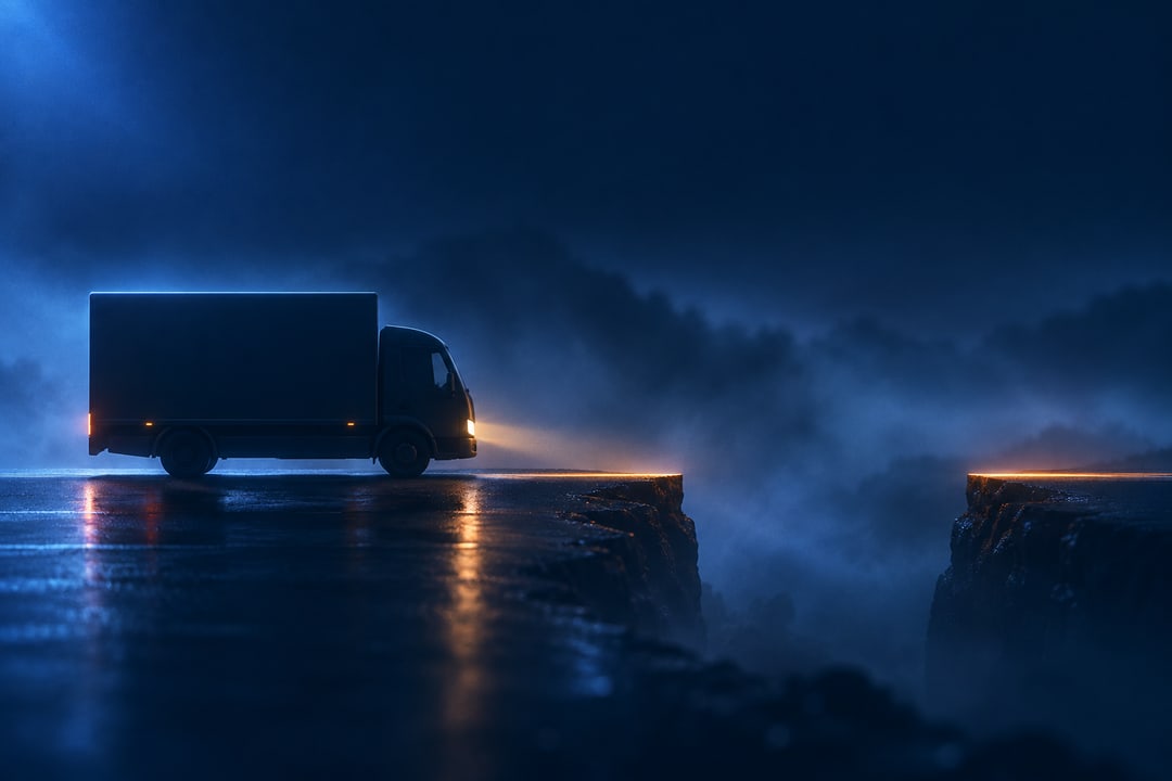 A delivery truck on a dark road with a lit gap ahead