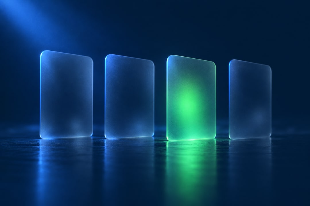 Four frosted glass cards in a row, one lit from within