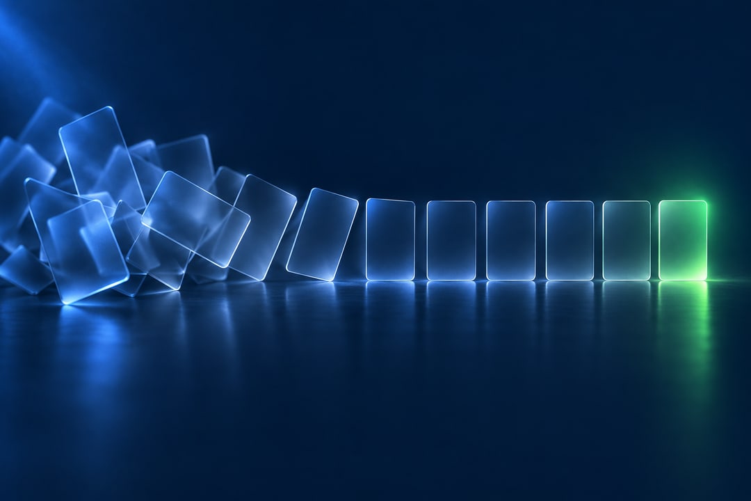 Jumbled glass cards resolving into one even line of cards