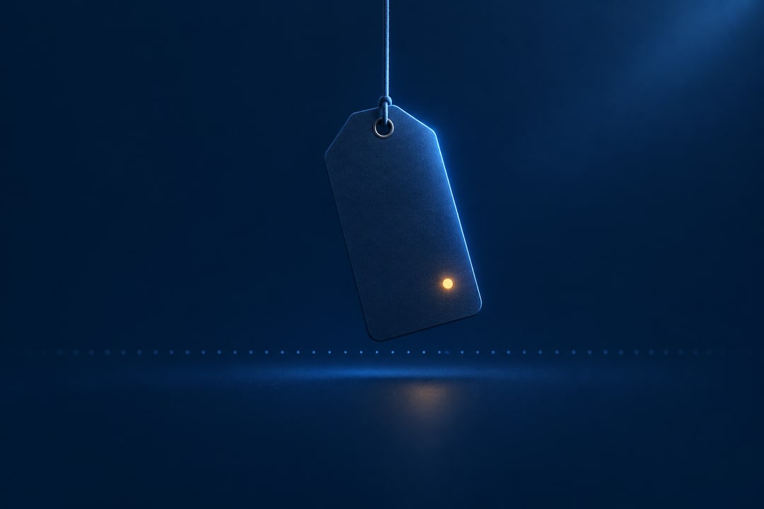 A price tag hanging from a line above a dotted horizon of light